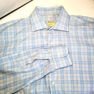 PETER MILLAR Men's Large Cotton Blue/Gold Plaid Long Sleeve Button Front Shirt